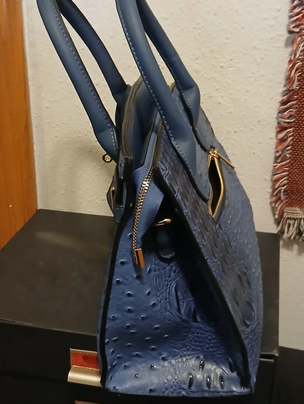 Mellow World Blue Ostrich/Croc Embossed Vegan Leather Satchel